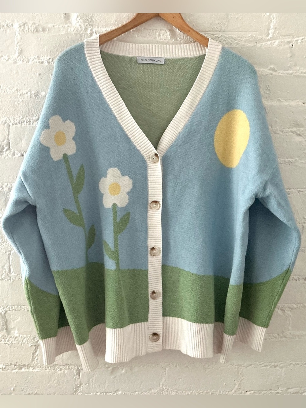 Miss Sparkling Flower Field Knit Cardigan Sweater Sun Sky Daisy Sweater Blue L